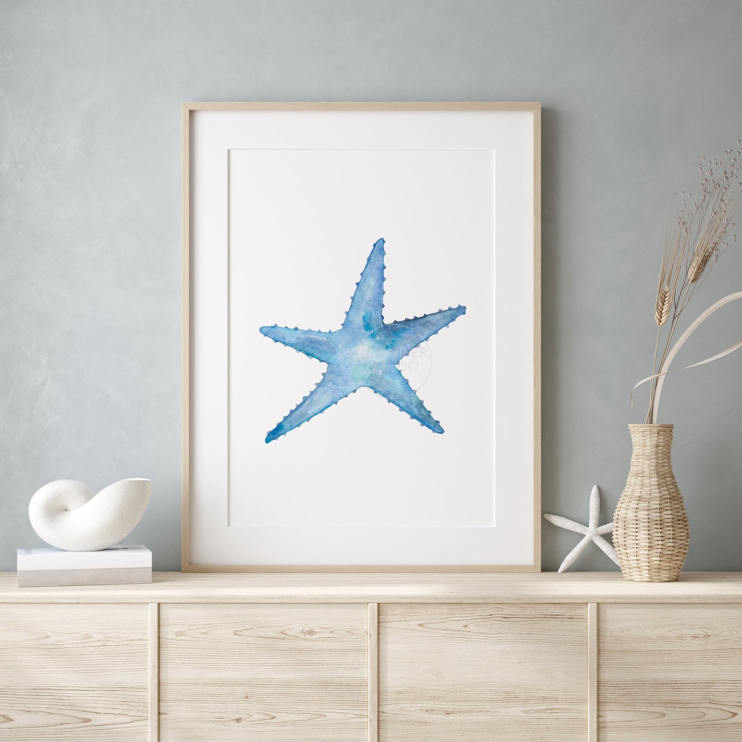 Starfish Wall Art, Blue Watercolor Print, Home Decor