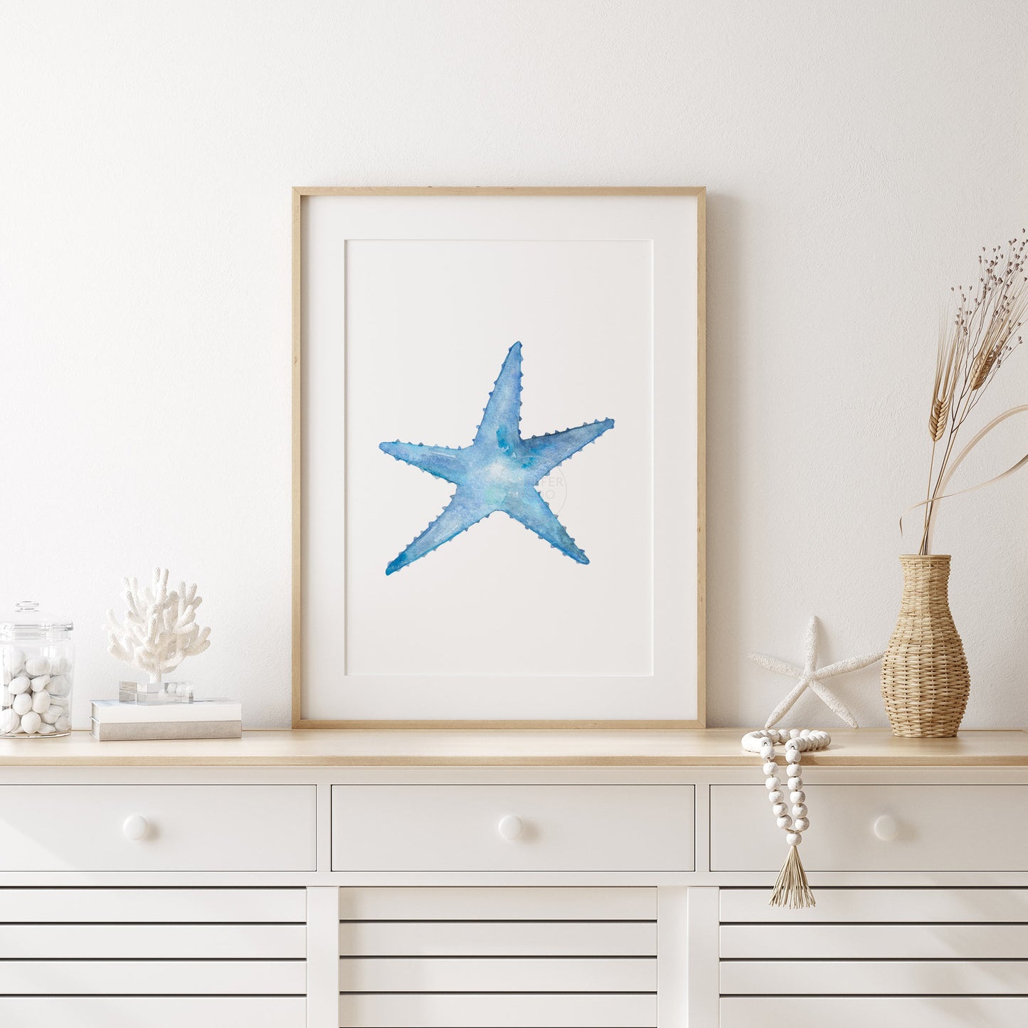Starfish Wall Art, Blue Watercolor Print, Home Decor