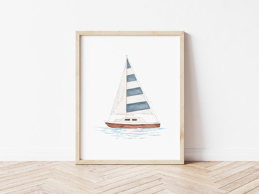 Striped Sailboat Art Print | Coastal Wall Decor | Hand-painted watercolor print | Boating art