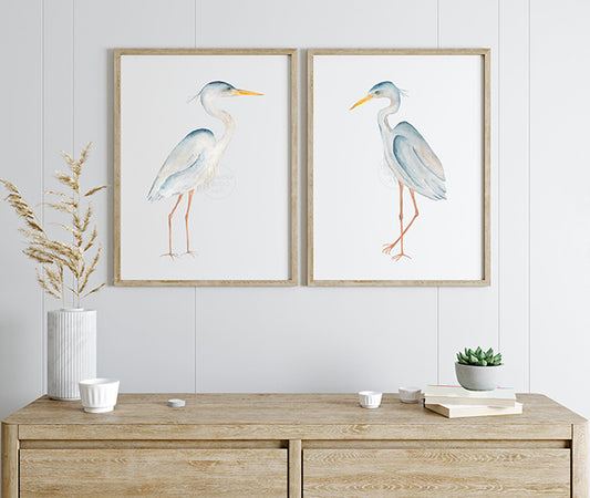 Set of Two Birds, Blue Heron Art Prints, Coastal Bird Wall Art