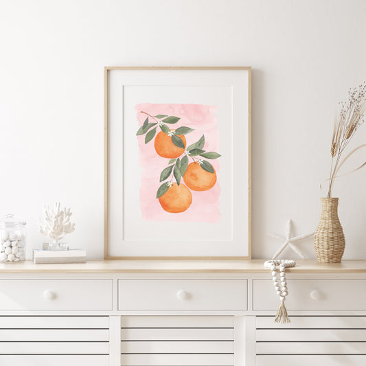 Orange + Pink Art Print, Oranges Watercolor, Citrus Wall Art, Kitchen Decor, Nursery Wall Art