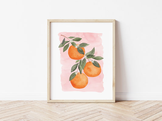 Orange + Pink Art Print, Oranges Watercolor, Citrus Wall Art, Kitchen Decor, Nursery Wall Art