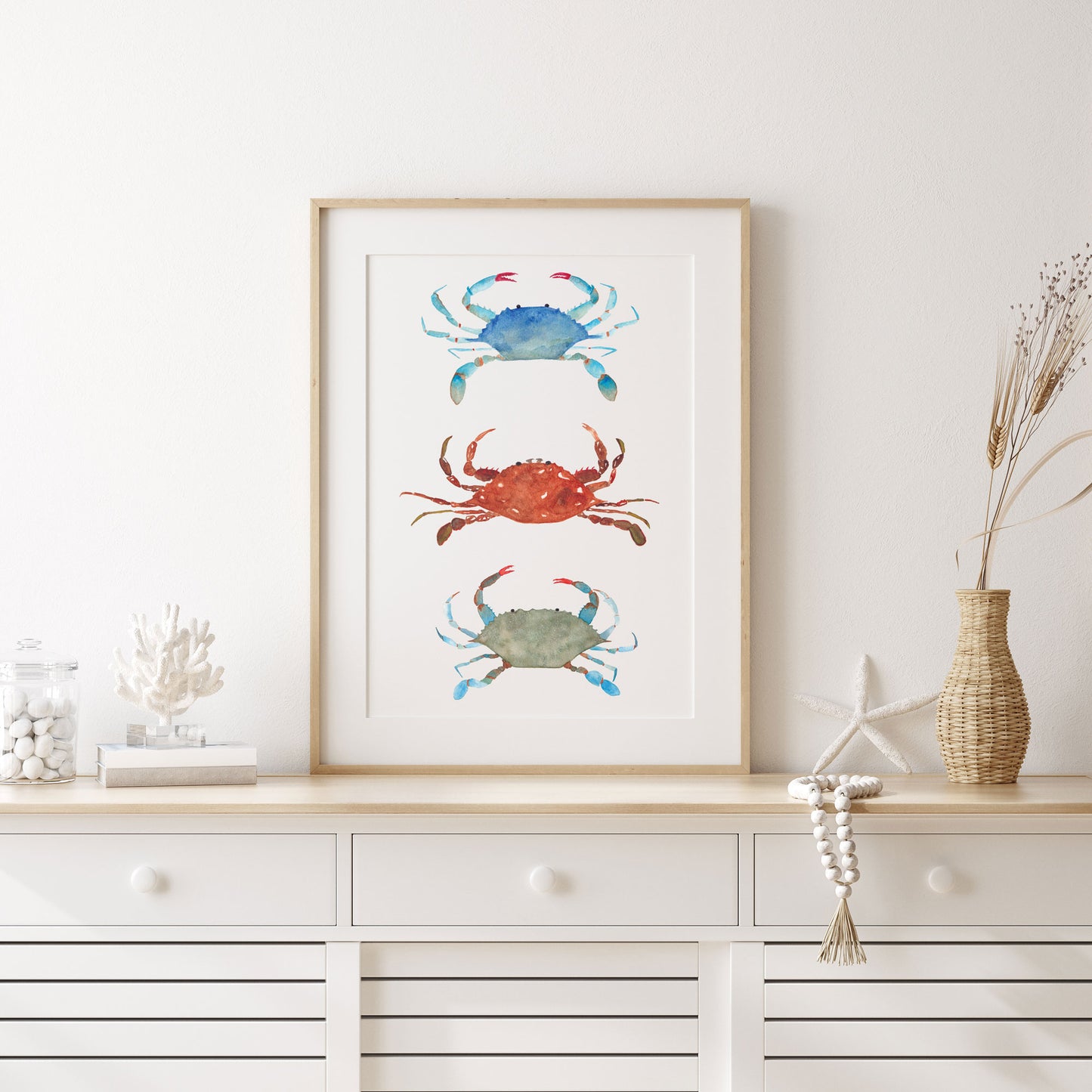 Three Crabs Wall Art, Watercolor Print