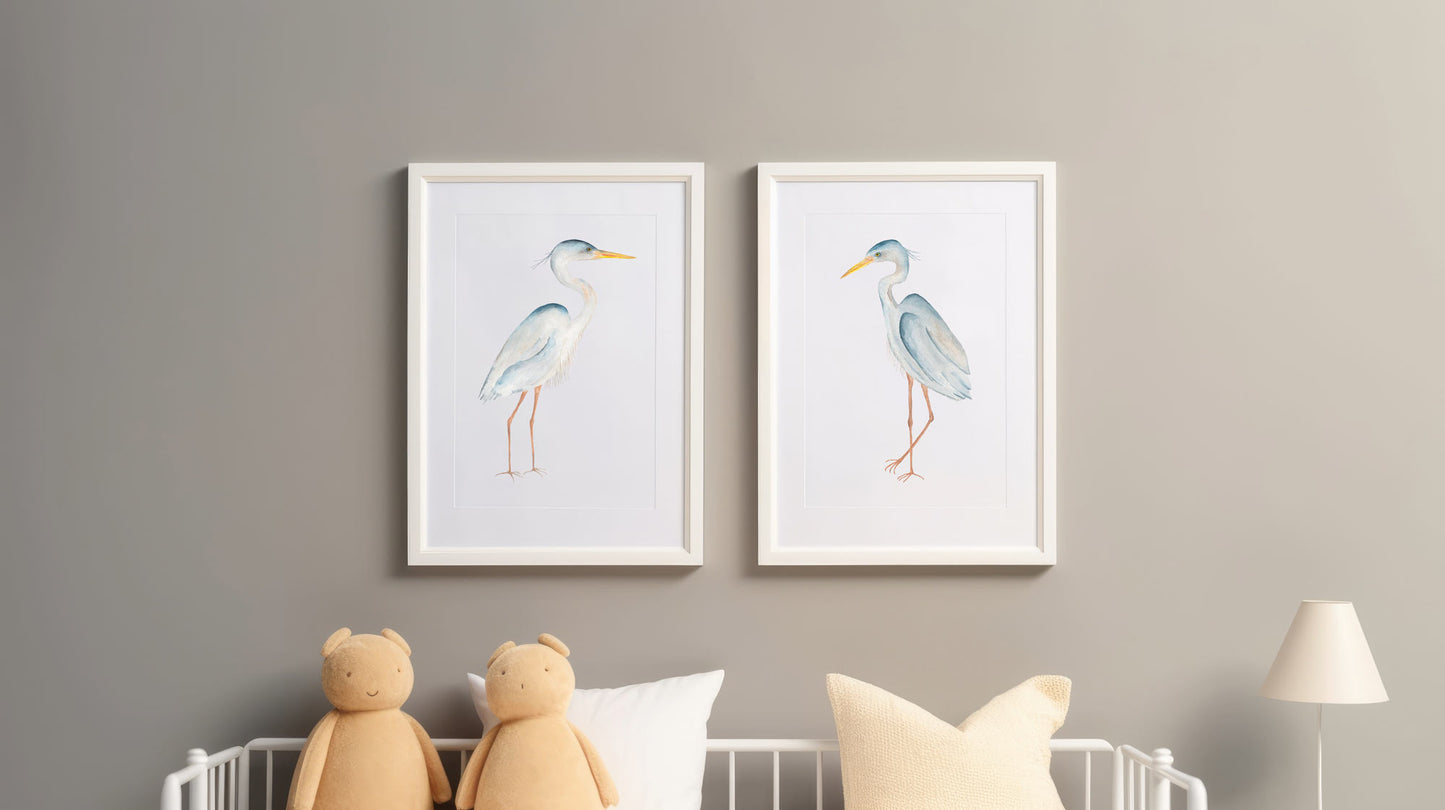 Set of Two Birds, Blue Heron Art Prints, Coastal Bird Wall Art