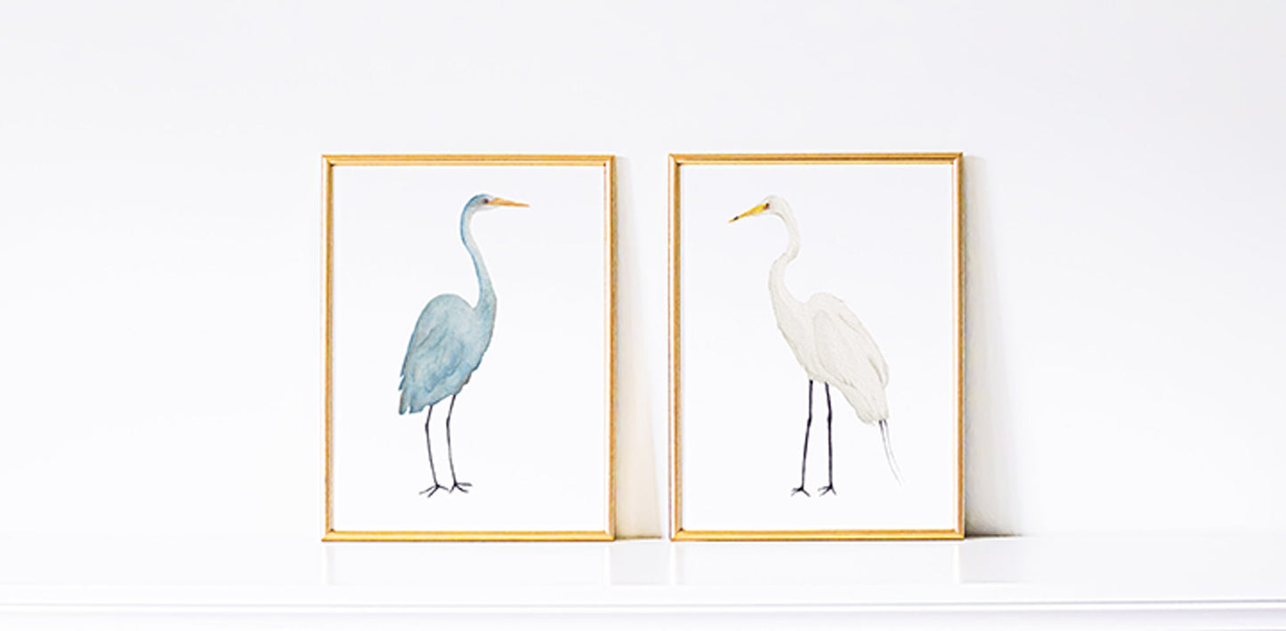 Set of Two Birds, Blue Heron Art Prints, Coastal Bird Wall Art