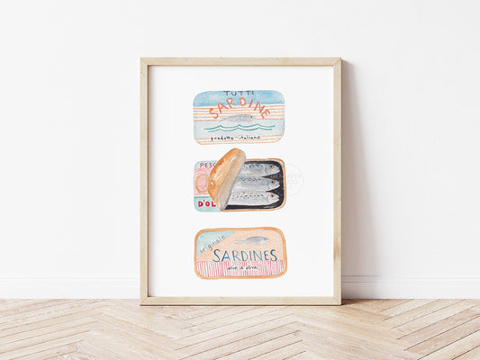 Sardines Maritime Living Seafarer Hand-painted Watercolor Print Fish Wall Art Marine Life Coastal Art Canned Sardines Peach Blue Red Stripes