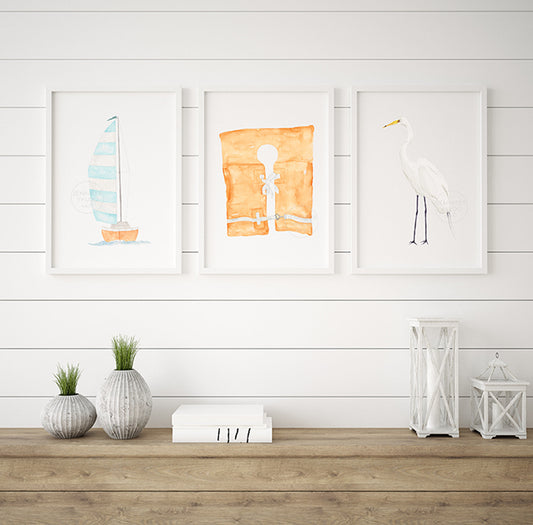 Life Vest Art Print, Coastal Wall Art, Boating Gift, Nautical Nursery, Beach House Wall Decor, Maritime Aesthetic, Orange Hand-painted Print