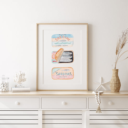 Sardines Maritime Living Seafarer Hand-painted Watercolor Print Fish Wall Art Marine Life Coastal Art Canned Sardines Peach Blue Red Stripes