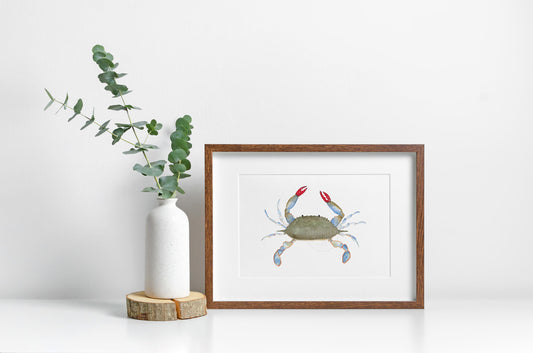 Blue Crab Watercolor Art Print | Coastal Nautical Wall Decor | Ocean Life Wall Art