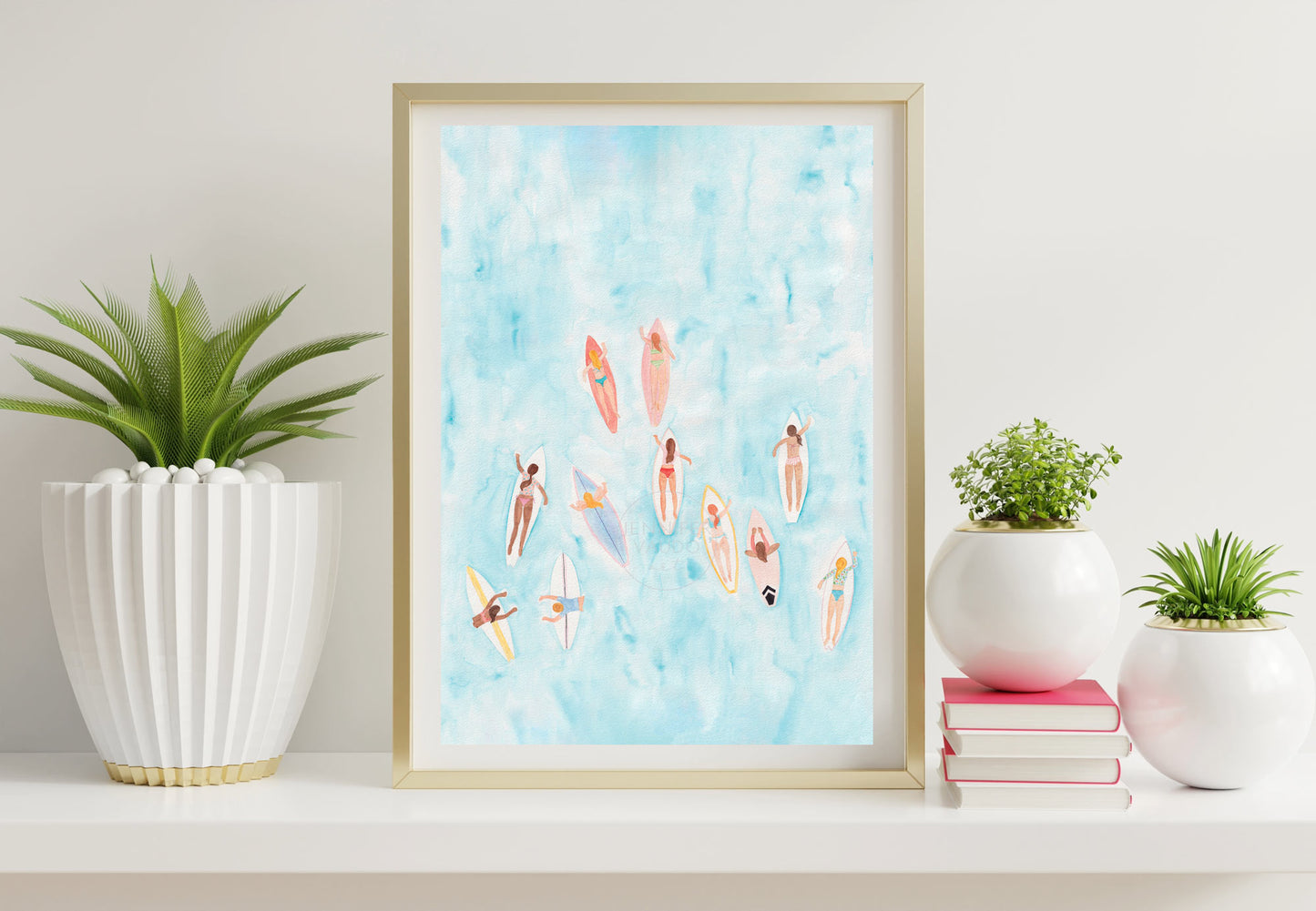 Surf Wall Art Surfer Girl Art Print Tropical Dorm Artwork Ocean Inspired Feminine Decor Coastal Hand-painted print Beachy home decor Lineup
