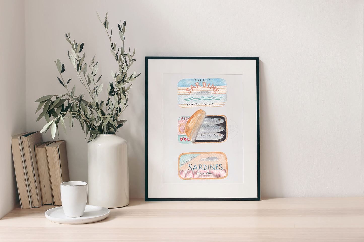 Sardines Maritime Living Seafarer Hand-painted Watercolor Print Fish Wall Art Marine Life Coastal Art Canned Sardines Peach Blue Red Stripes
