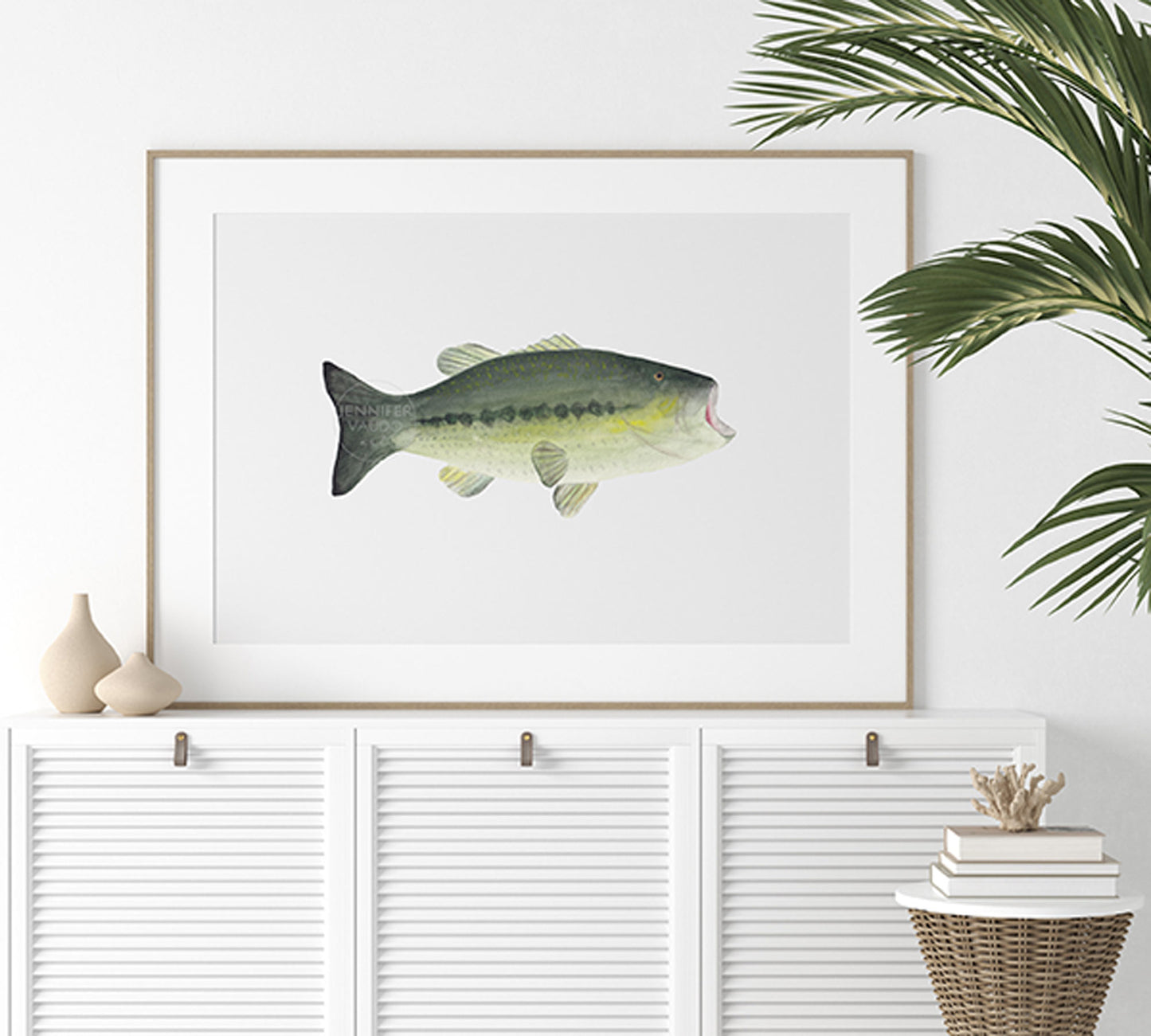 Bass Wall Art, Hand-painted Watercolor Fish Print, Fisherman Gift, Father's Day Present