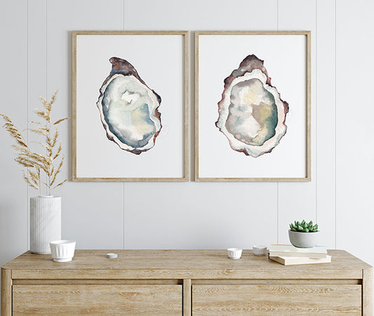 Set of Two Oyster Prints, Coastal Wall Art, Oyster Watercolor Print, Beach House Decor, Nautical Artwork, Maritime Aesthetic, Sea Life Art