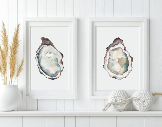 Set of Two Oyster Prints, Coastal Wall Art, Oyster Watercolor Print, Beach House Decor, Nautical Artwork, Maritime Aesthetic, Sea Life Art