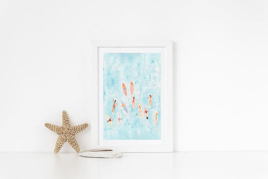 Surf Wall Art Surfer Girl Art Print Tropical Dorm Artwork Ocean Inspired Feminine Decor Coastal Hand-painted print Beachy home decor Lineup