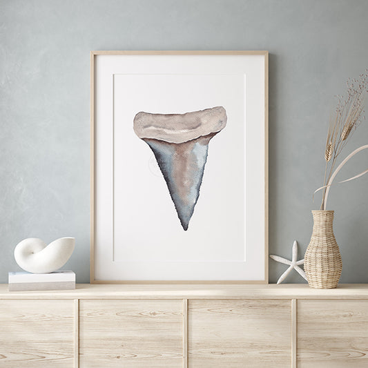 Shark Tooth Wall Art, Coastal Home Decor, Nautical Artwork, Watercolor Hand-painted print