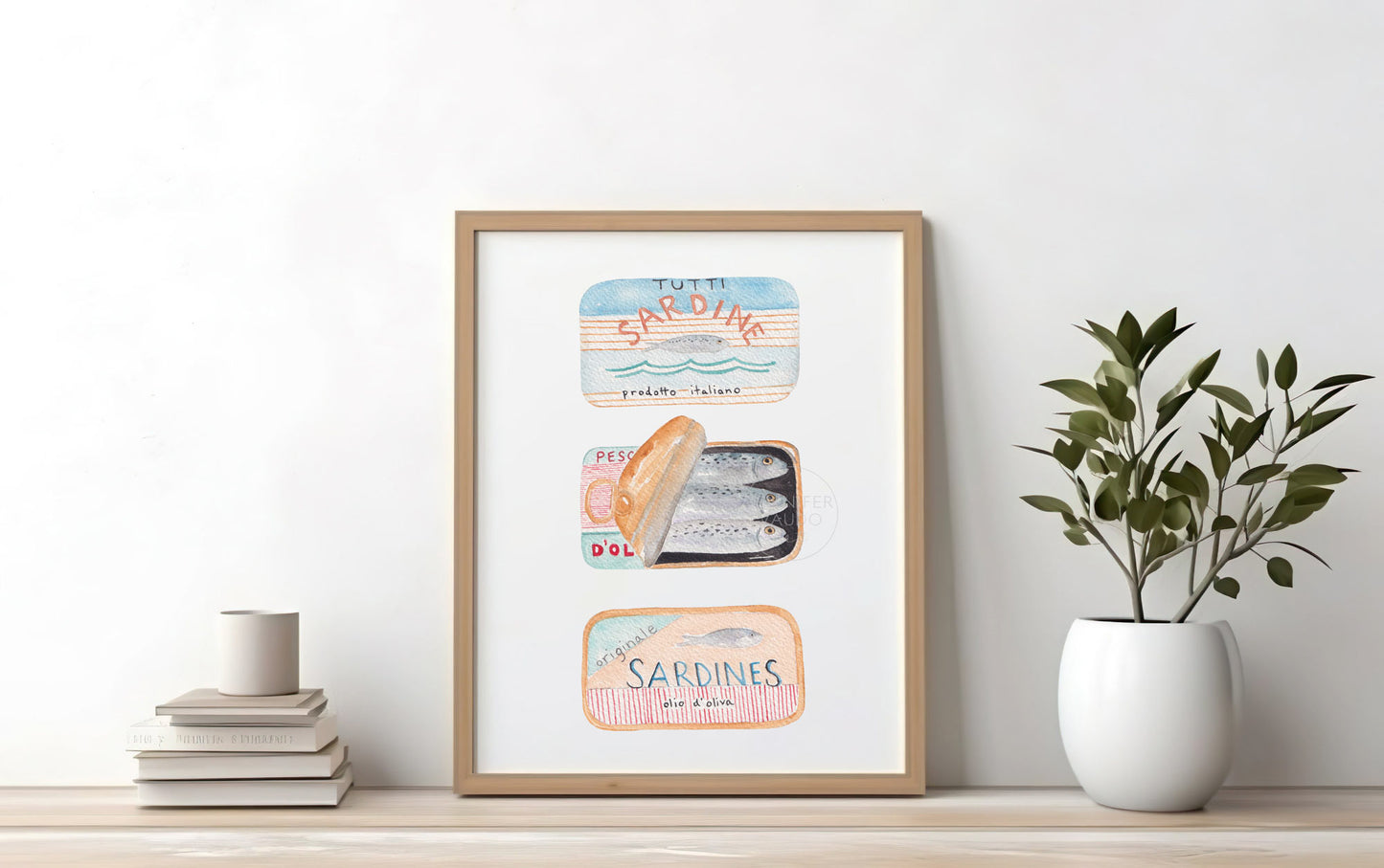 Sardines Maritime Living Seafarer Hand-painted Watercolor Print Fish Wall Art Marine Life Coastal Art Canned Sardines Peach Blue Red Stripes