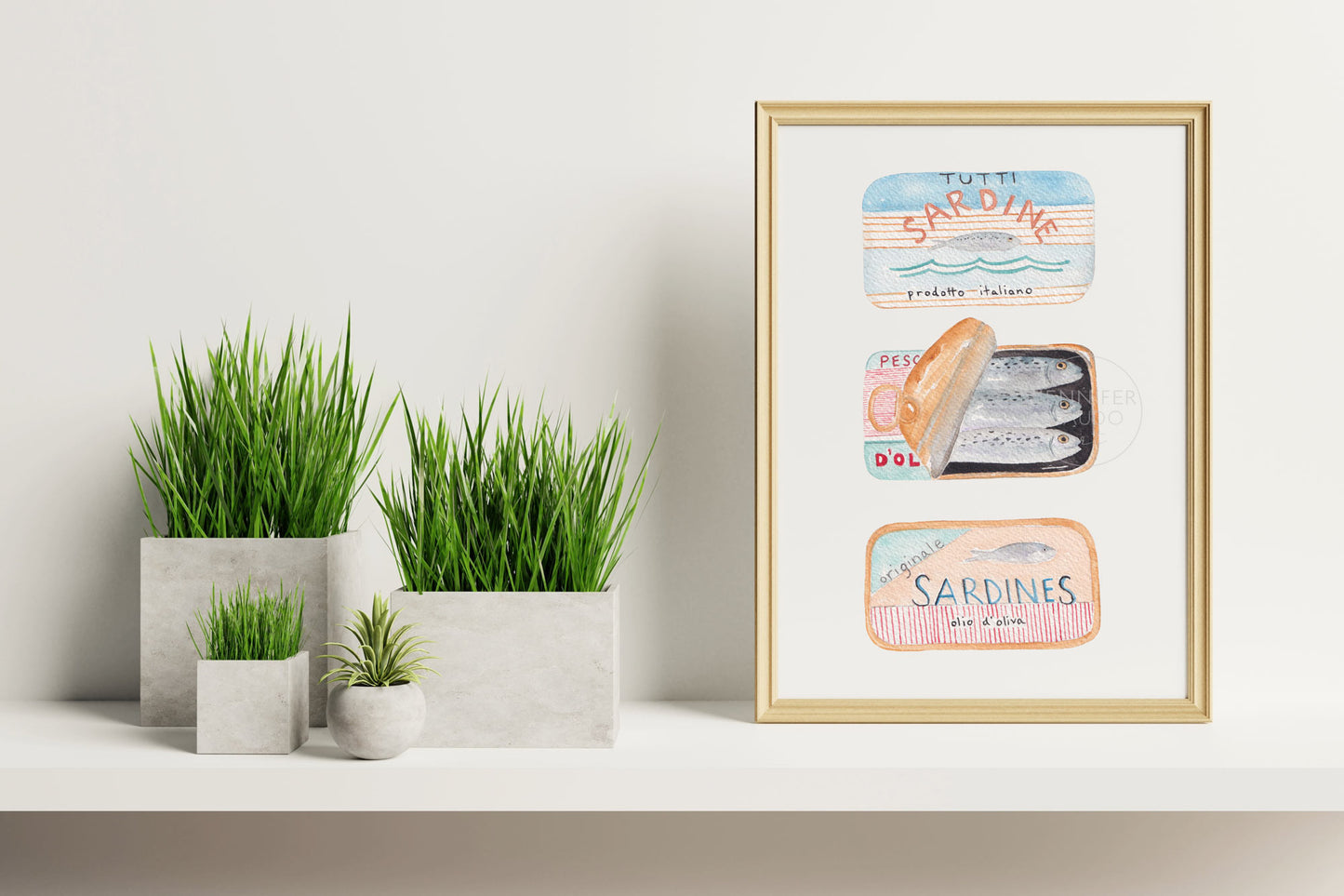 Sardines Maritime Living Seafarer Hand-painted Watercolor Print Fish Wall Art Marine Life Coastal Art Canned Sardines Peach Blue Red Stripes