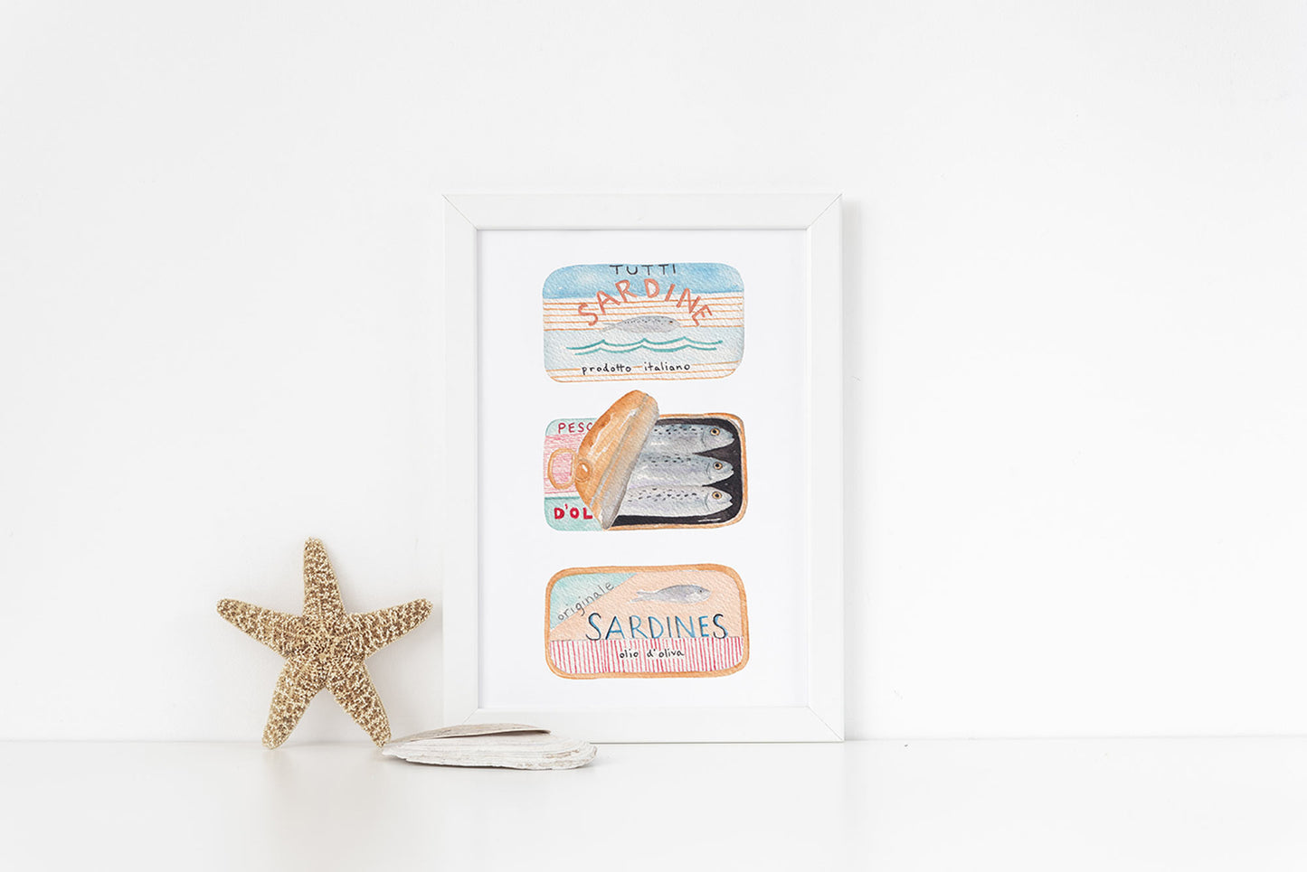 Sardines Maritime Living Seafarer Hand-painted Watercolor Print Fish Wall Art Marine Life Coastal Art Canned Sardines Peach Blue Red Stripes
