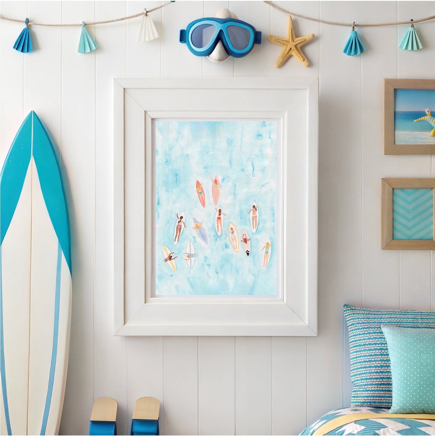 Surf Wall Art Surfer Girl Art Print Tropical Dorm Artwork Ocean Inspired Feminine Decor Coastal Hand-painted print Beachy home decor Lineup