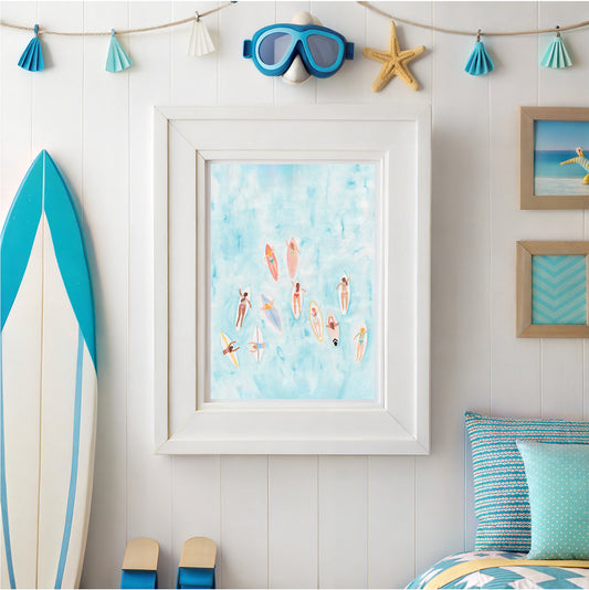 Surf Wall Art Surfer Girl Art Print Tropical Dorm Artwork Ocean Inspired Feminine Decor Coastal Hand-painted print Beachy home decor Lineup