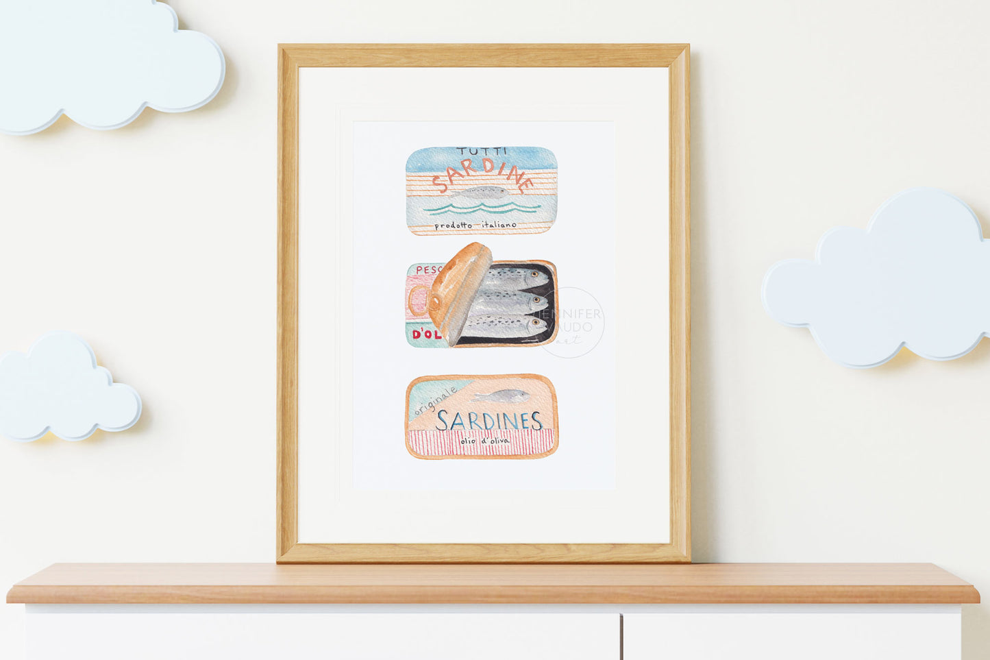Sardines Maritime Living Seafarer Hand-painted Watercolor Print Fish Wall Art Marine Life Coastal Art Canned Sardines Peach Blue Red Stripes
