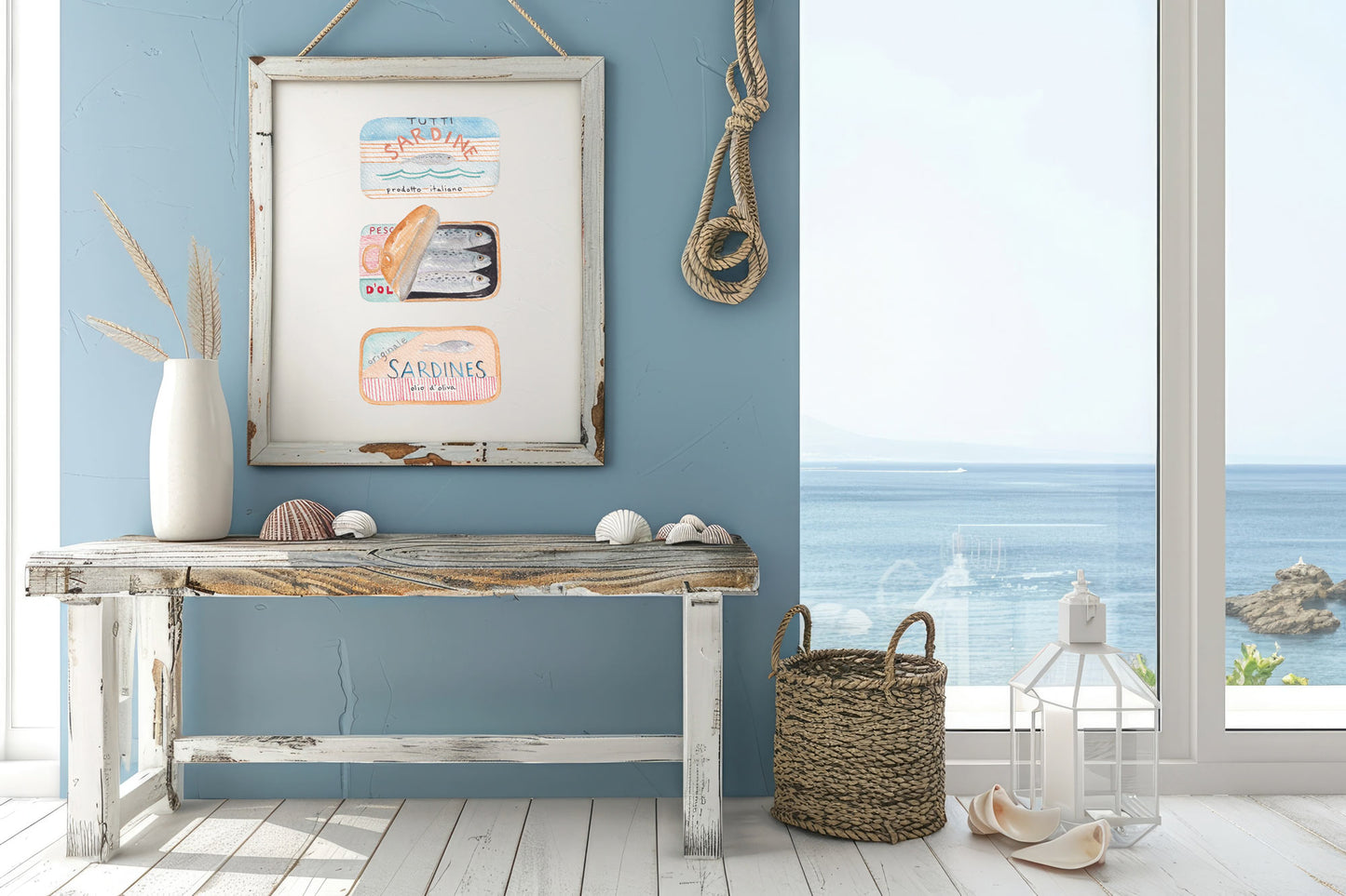 Sardines Maritime Living Seafarer Hand-painted Watercolor Print Fish Wall Art Marine Life Coastal Art Canned Sardines Peach Blue Red Stripes