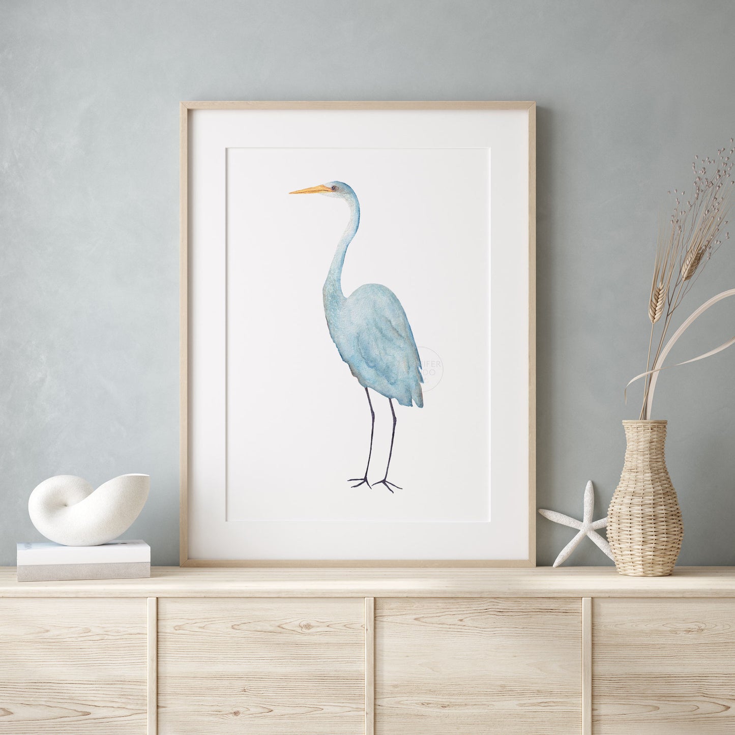 Blue Heron Wall Art, Coastal Home Decor, Hand-painted Print