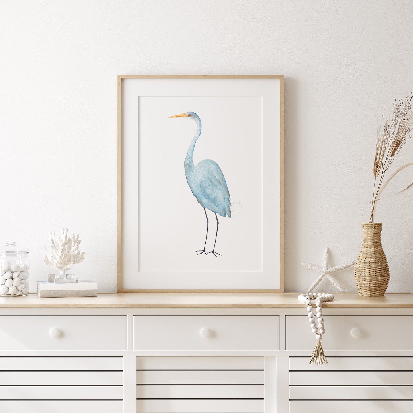 Blue Heron Wall Art, Coastal Home Decor, Hand-painted Print