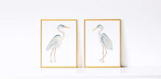 Set of Two Birds, Blue Heron Art Prints, Coastal Bird Wall Art