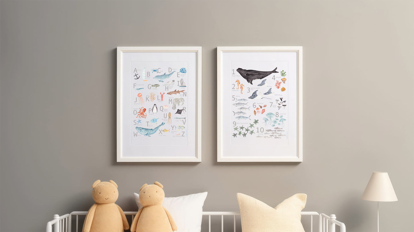 Alphabet Poster, Ocean Inspired Animals, Gender Neutral, Nautical Watercolor Print