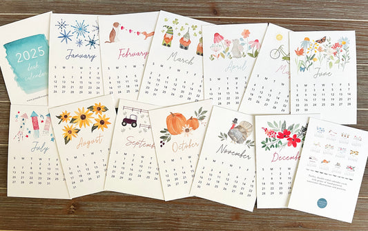 2025 desk calendar, double-sided, watercolor illustrations