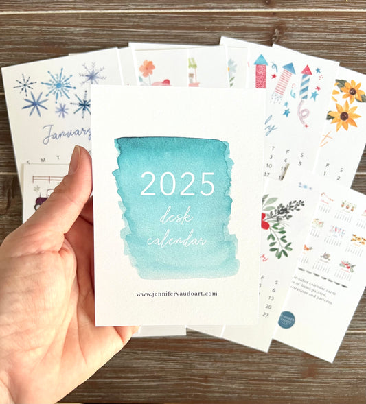 2025 desk calendar, double-sided, watercolor illustrations