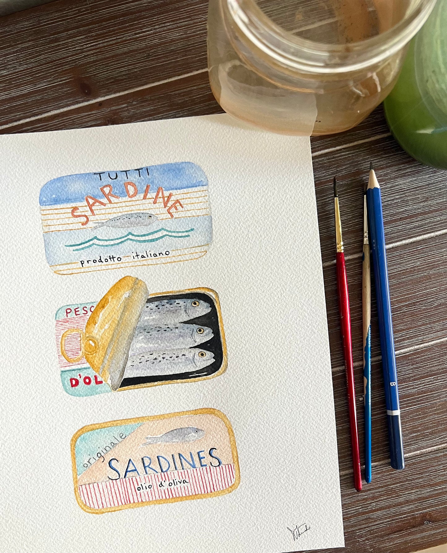 Sardines Maritime Living Seafarer Hand-painted Watercolor Print Fish Wall Art Marine Life Coastal Art Canned Sardines Peach Blue Red Stripes