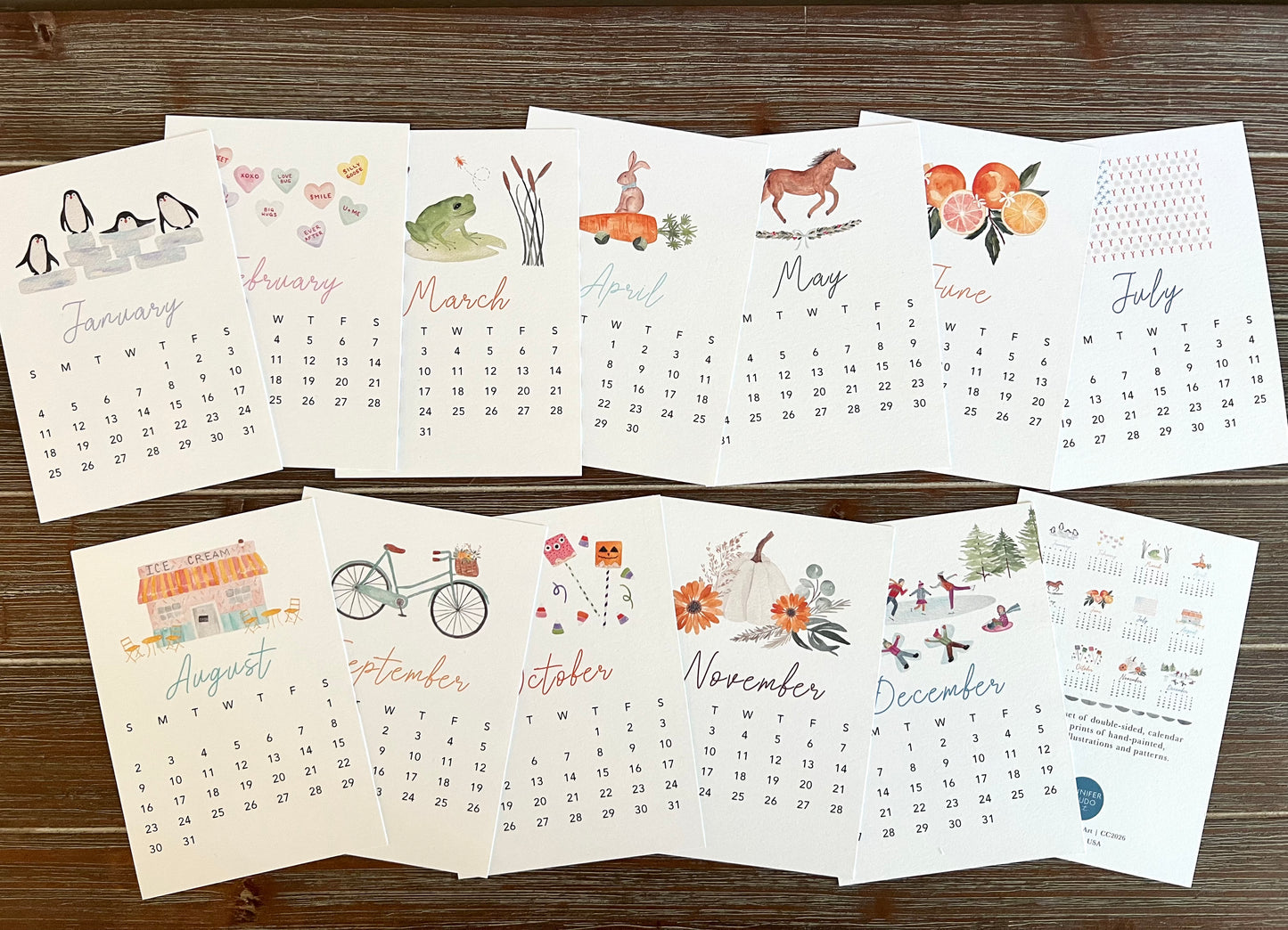 2026 Watercolor Desk Calendar – 12 Monthly Cards with Pine Stand | Charming Art Calendar | Illustrated Desktop Calendar