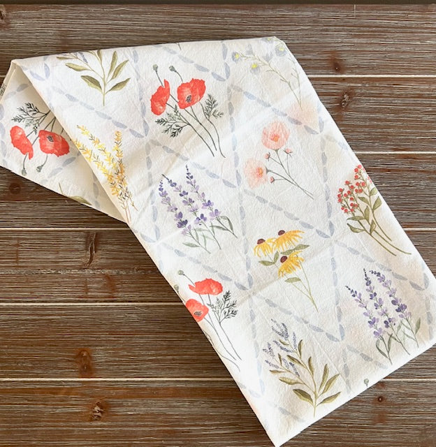 Tea Towel, Pastel Wildflowers, Floral Trellis, Watercolor