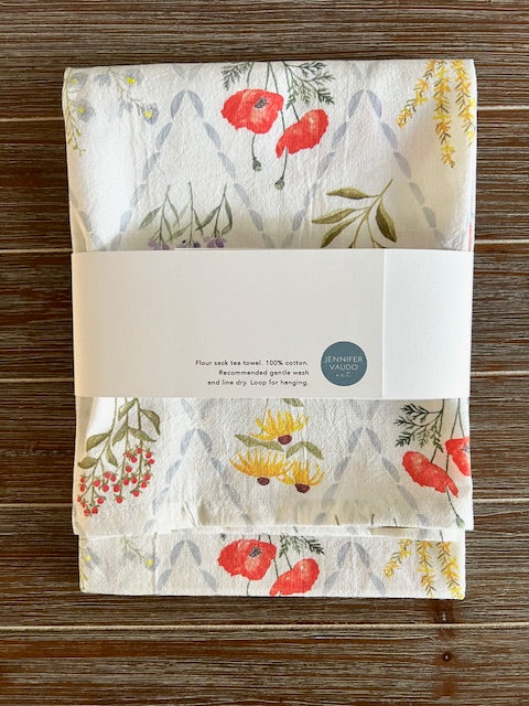 Tea Towel, Pastel Wildflowers, Floral Trellis, Watercolor