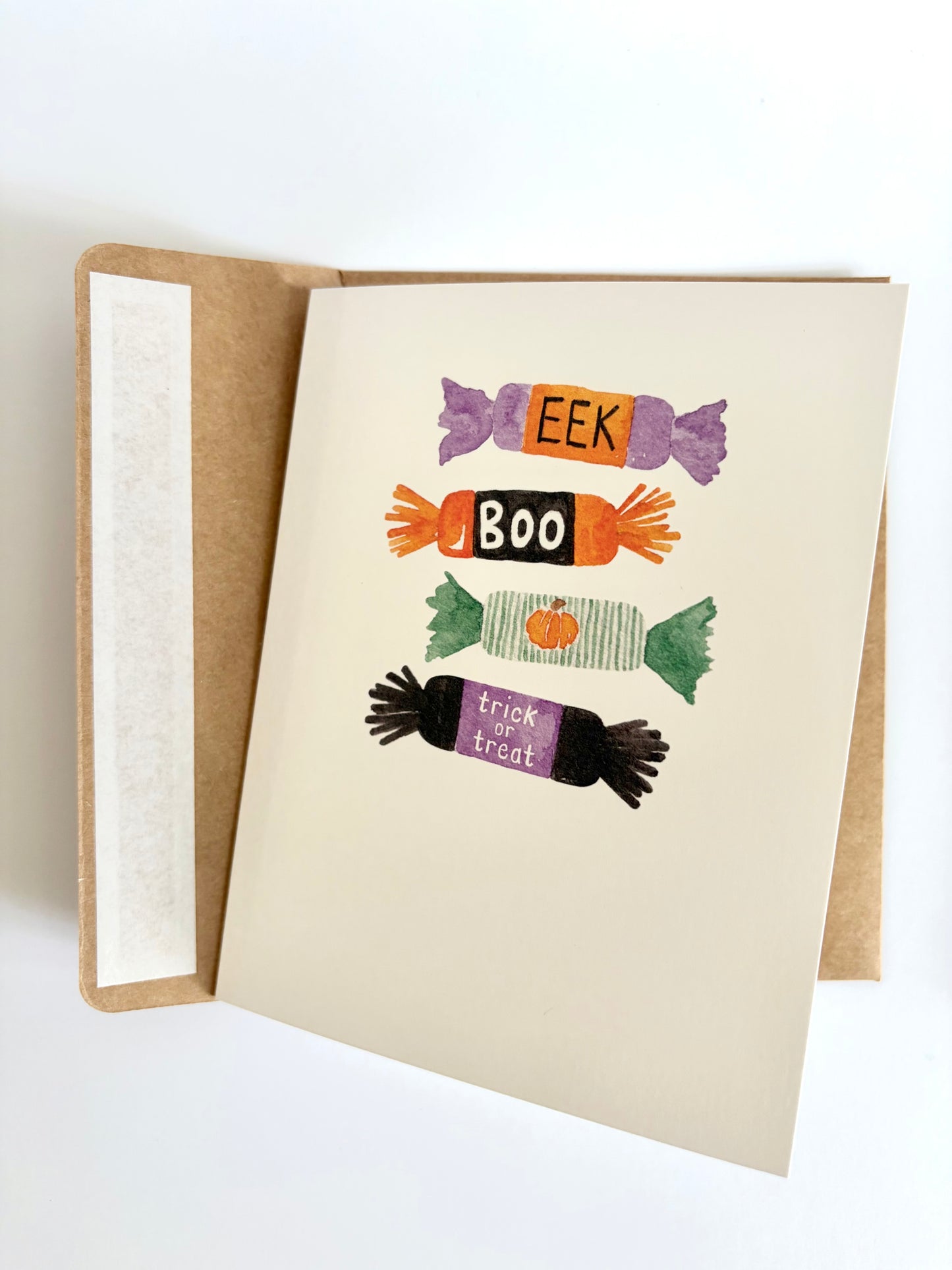 Halloween Card, Whimsical Candy Wrappers, Non-Scary Trick or Treat Card
