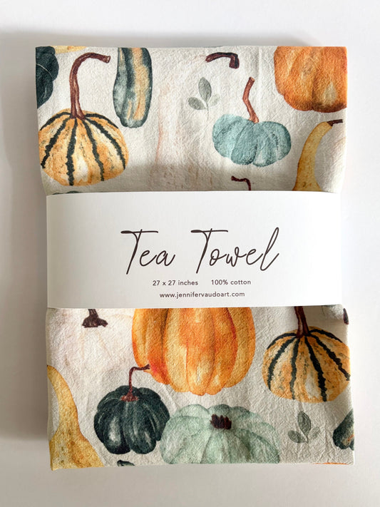 Autumn Tea Towel, Seasonal Home Decor, Fall Pumpkins and Gourds