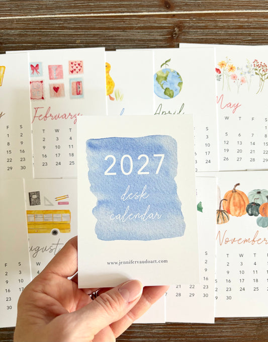2027 Desk Calendar, Hand-Illustrated Desk Calendar, Watercolor