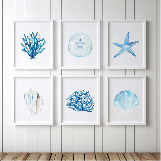 Set of Six Coastal Art Prints, Nautical Home Decor, Beach Inspired Watercolor Art Prints