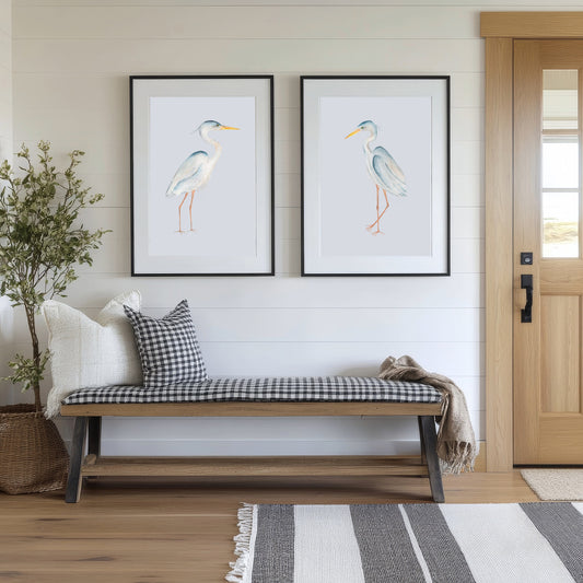 Set of Two Birds, Blue Heron Art Prints, Coastal Bird Wall Art