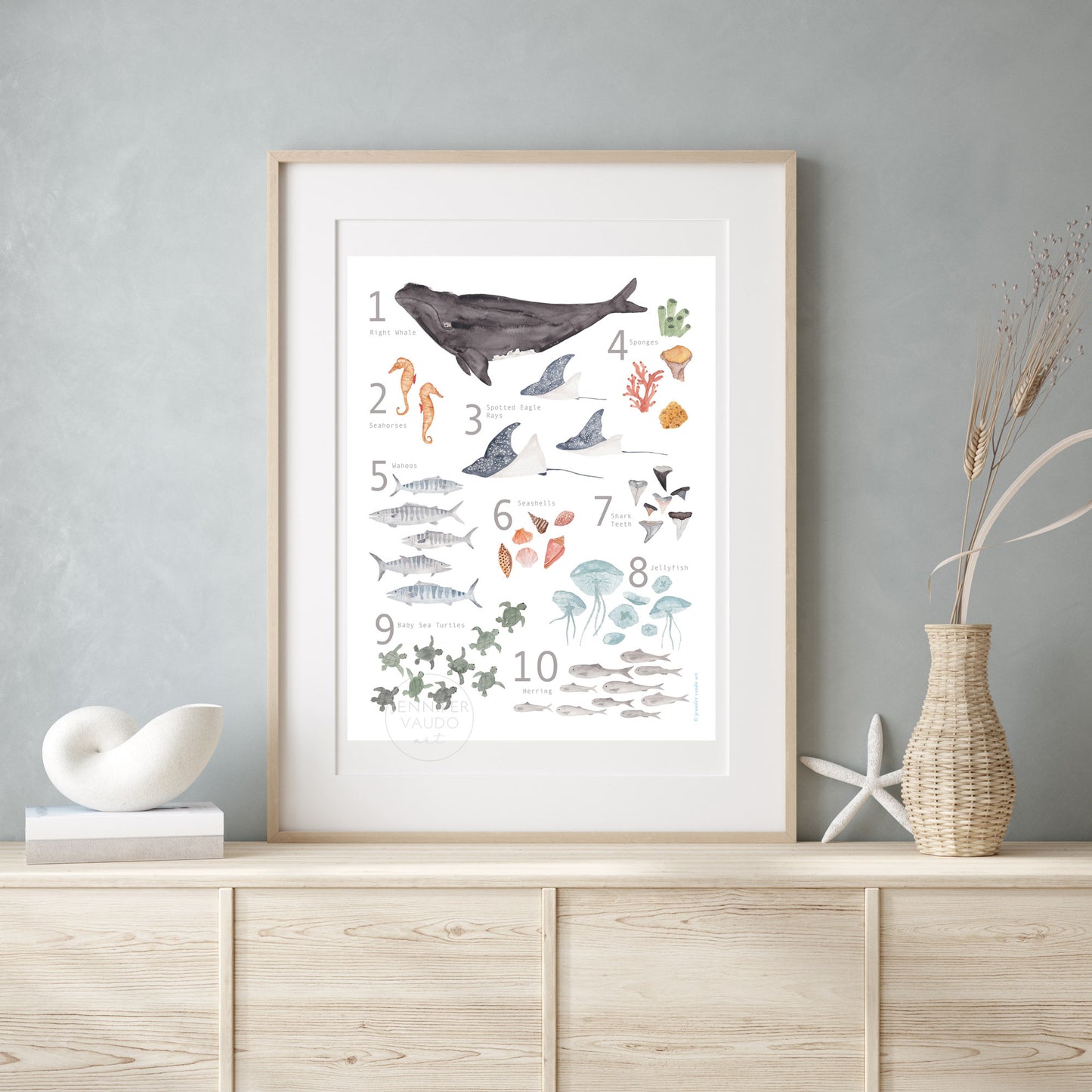 Counting Poster, Ocean Inspired Animals, Gender Neutral, Nautical Watercolor Print