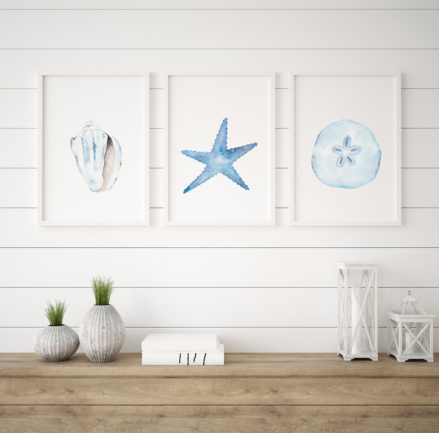 Set of Three Coastal Art Prints, Nautical Watercolor Artwork, Starfish, Shell, Sand Dollar