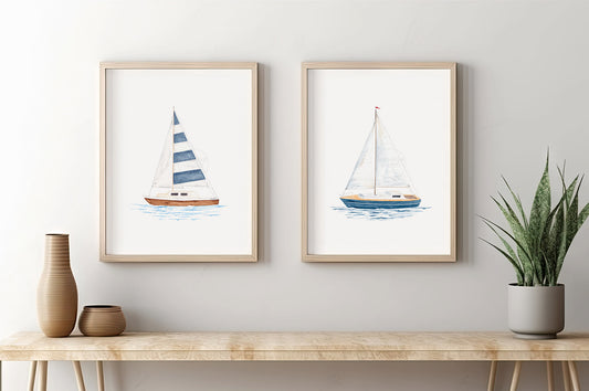 Set of Two Sailboat Prints | Coastal Wall Art | Hand-painted Watercolor Print | Boating Artwork