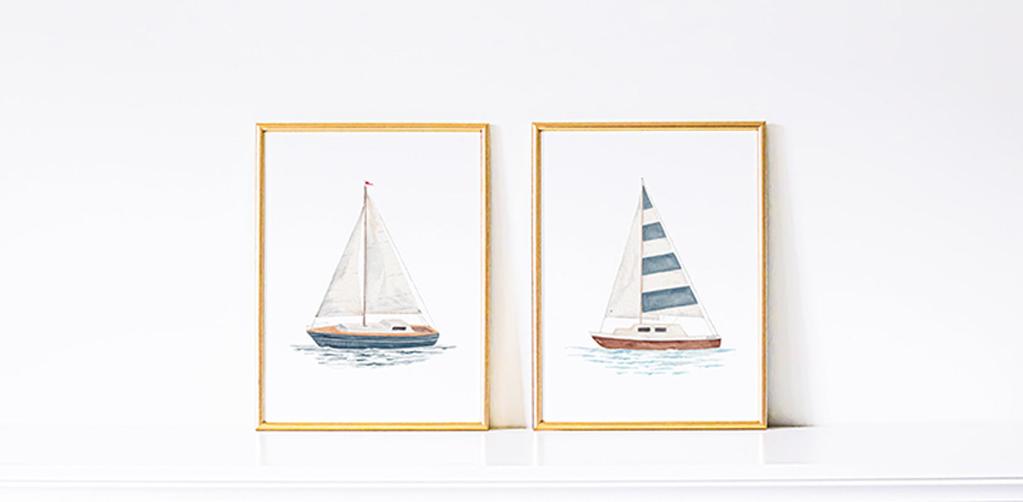 Set of Two Sailboat Prints | Coastal Wall Art | Hand-painted Watercolor Print | Boating Artwork