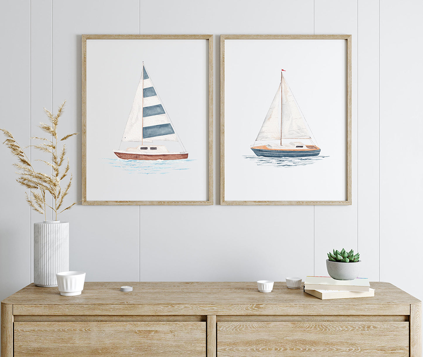 Set of Two Sailboat Prints | Coastal Wall Art | Hand-painted Watercolor Print | Boating Artwork