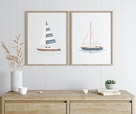 Set of Two Sailboat Prints | Coastal Wall Art | Hand-painted Watercolor Print | Boating Artwork
