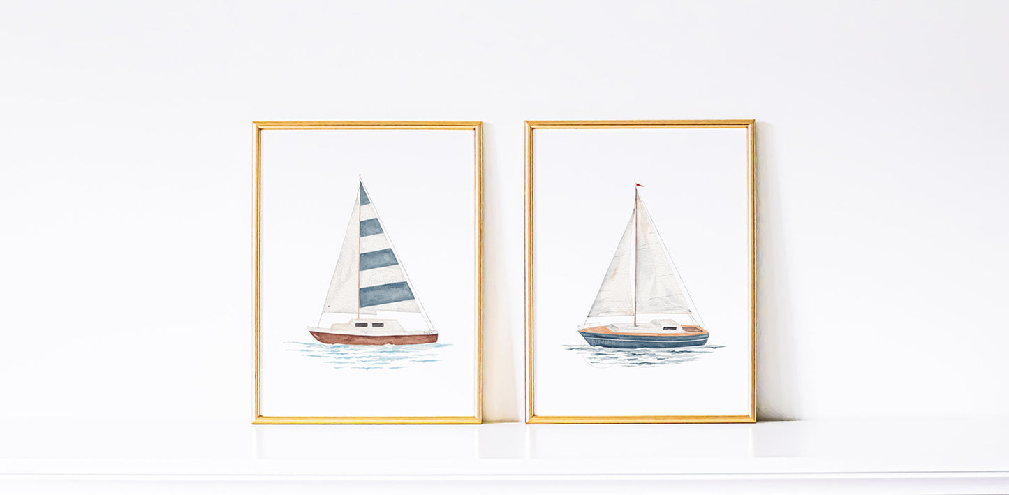 Set of Two Sailboat Prints | Coastal Wall Art | Hand-painted Watercolor Print | Boating Artwork