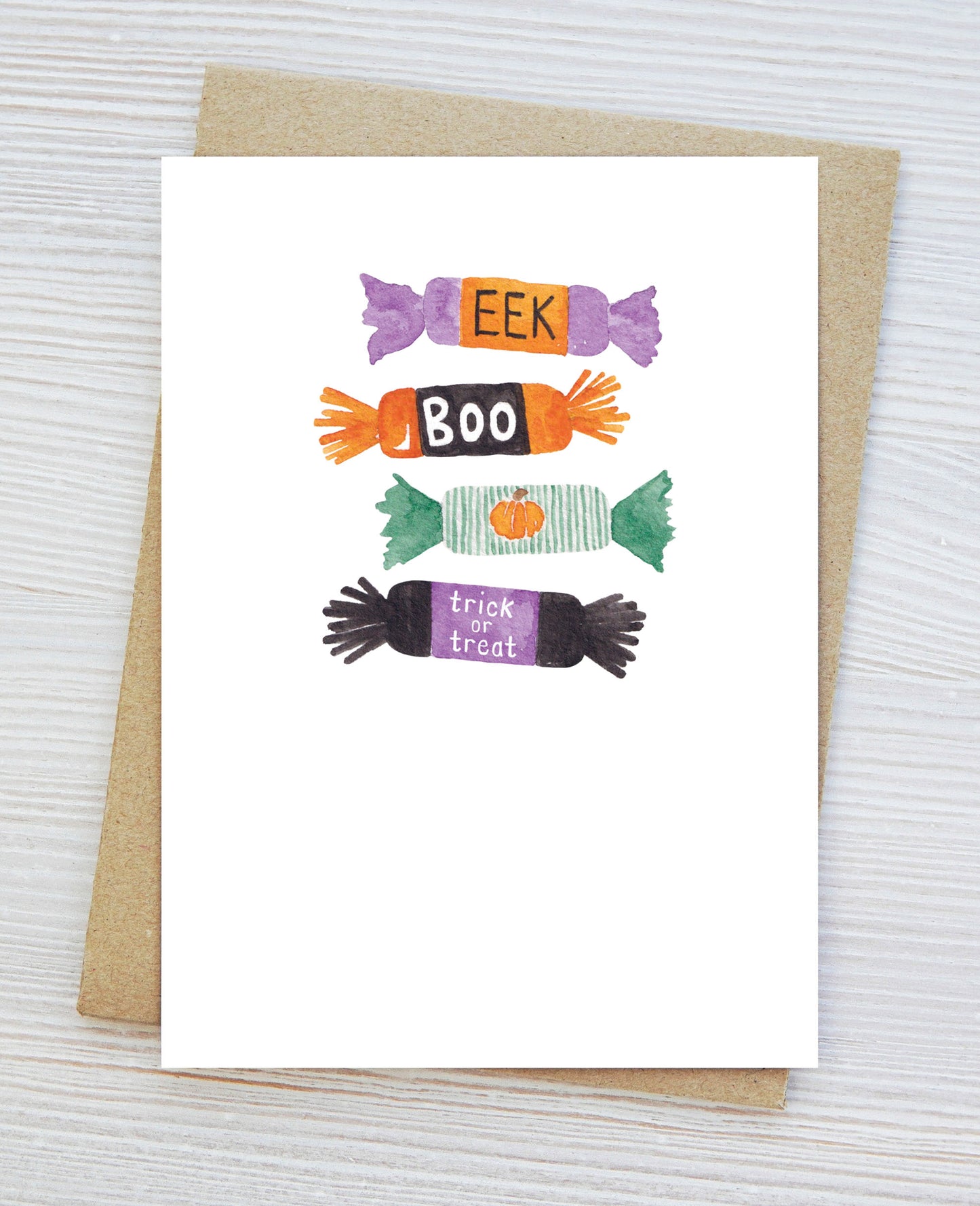 Halloween Card, Whimsical Candy Wrappers, Non-Scary Trick or Treat Card